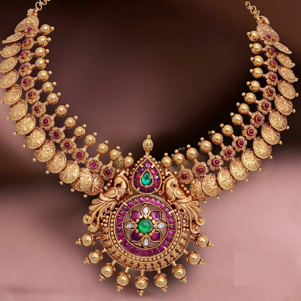 Grand Bridal Temple Necklace with Ruby & Emerald Accents