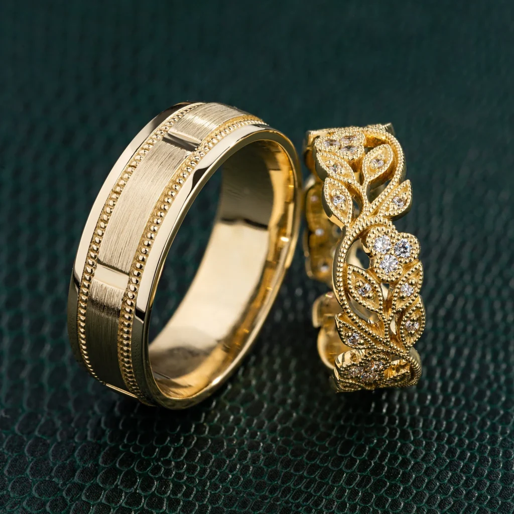 Elegant Gold Wedding Ring Set – Classic Band & Leaf Diamond Eternity Ring