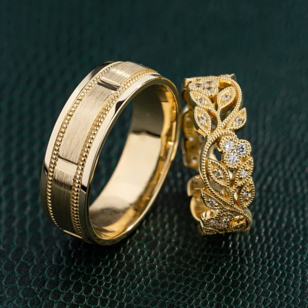 Elegant Gold Wedding Ring Set – Classic Band & Leaf Diamond Eternity Ring